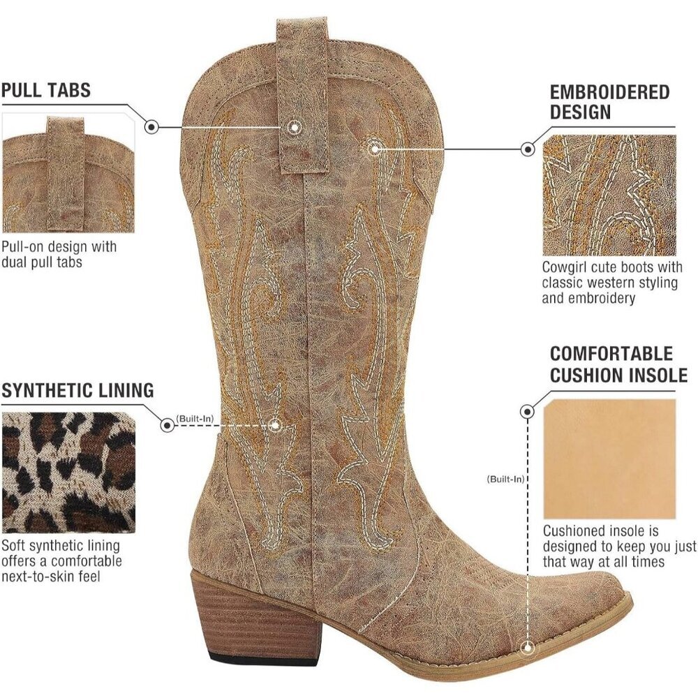 Cowboy Boots for Women Cowgirl Boots Comfortable Western Brown Boots Slip On - Picture 3 of 7